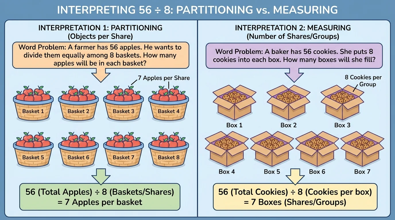 comparison chart with two word problems for 56 ÷ 8 and matching answers
