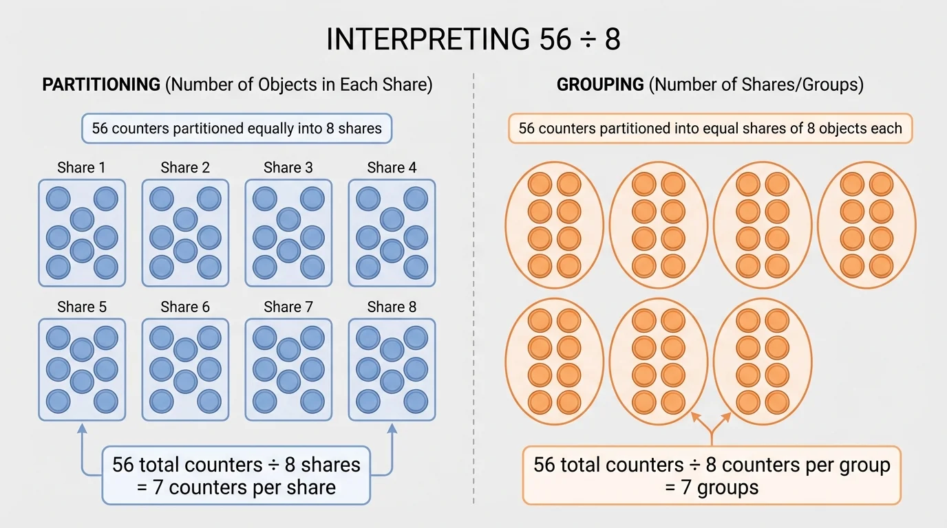 side-by-side illustration of 56 counters split into 8 equal shares and 56 counters circled into groups of 8