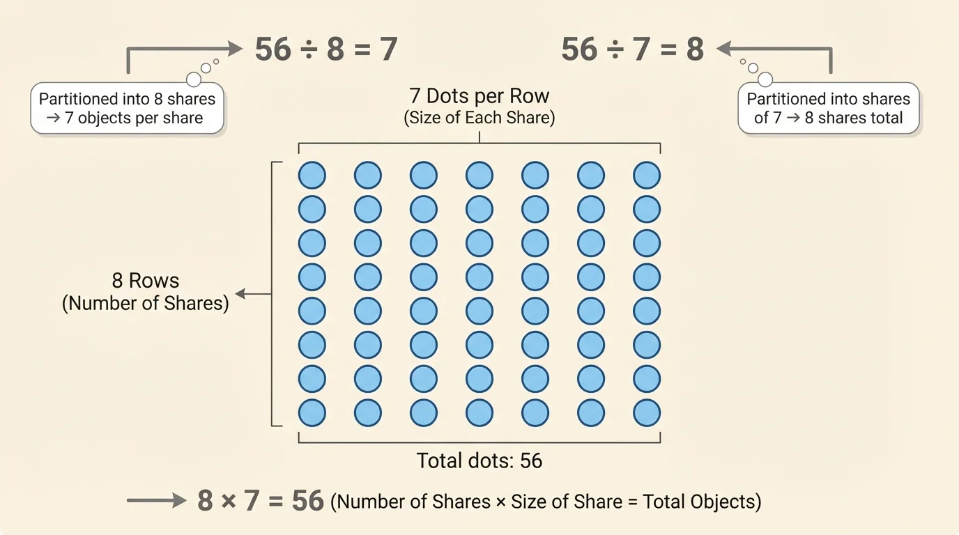 rectangular array with 56 dots arranged in 8 rows of 7, showing multiplication and division relationship