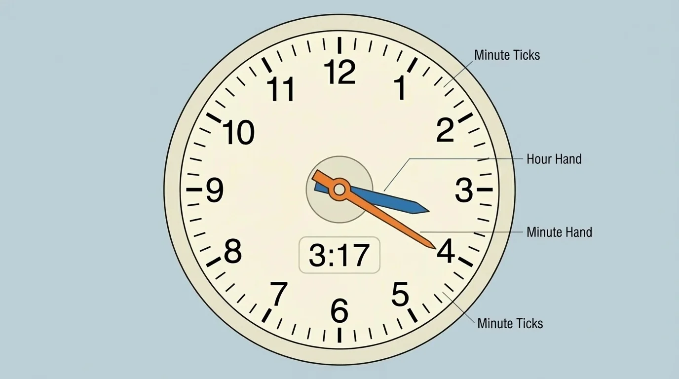 Labeled analog clock showing hour hand just past 3 and minute hand at 17 minutes, with tick marks for each minute