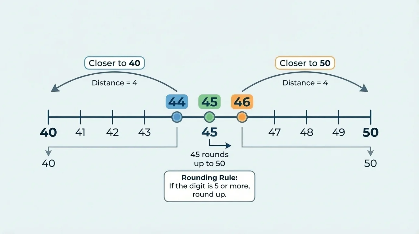 Number line from 40 to 50 showing 44, 45, and 46 to compare distances to the nearest ten
