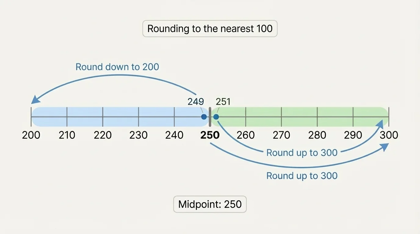 Number line from 200 to 300 showing 249, 250, and 251 around the midpoint 250