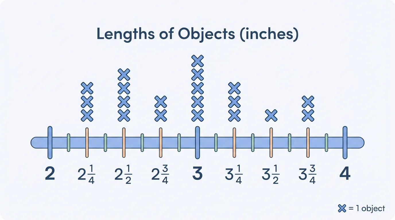 line plot from 2 to 4 inches marked every quarter inch, with stacked X marks above several values such as 2 1/4, 2 1/2, 3, 3 1/4, and 3 3/4