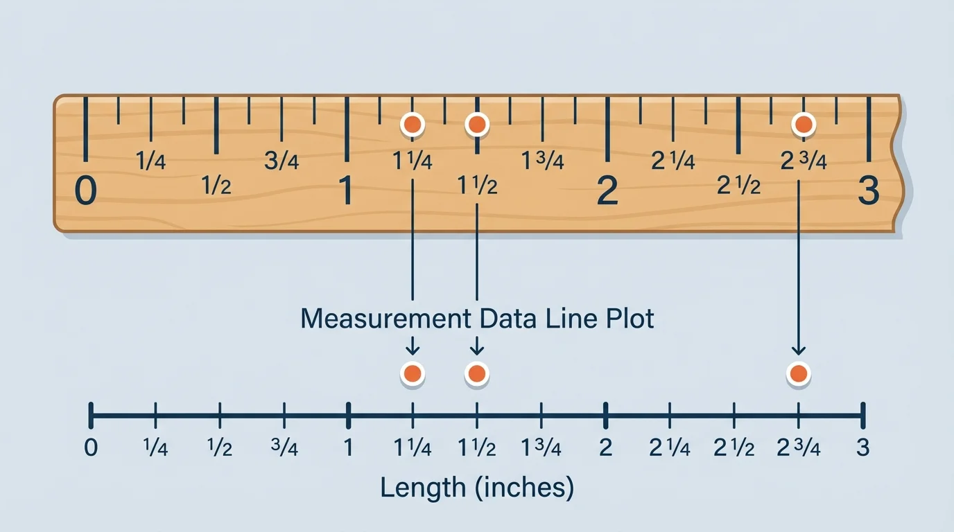 ruler segment from 0 to 3 inches with marks at whole inches, half inches, and quarter inches, with points highlighted at 1 1/4, 1 1/2, and 2 3/4