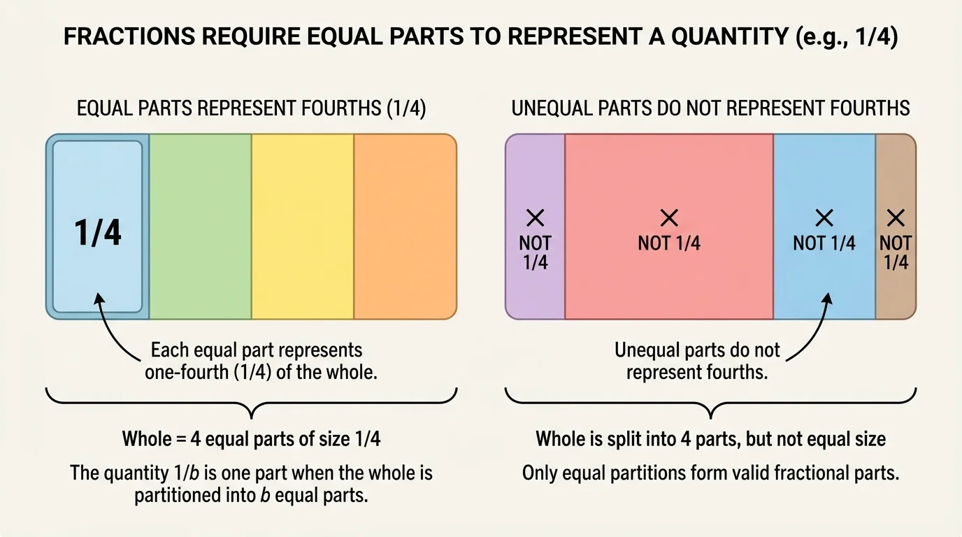 Two rectangles each split into 4 regions, one with equal parts and one with unequal parts, highlighting why only equal parts represent fourths