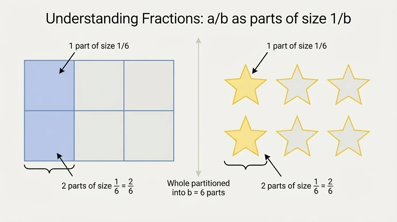 One rectangle partitioned into 6 equal squares with 2 shaded, and a set of 6 stars with 2 colored