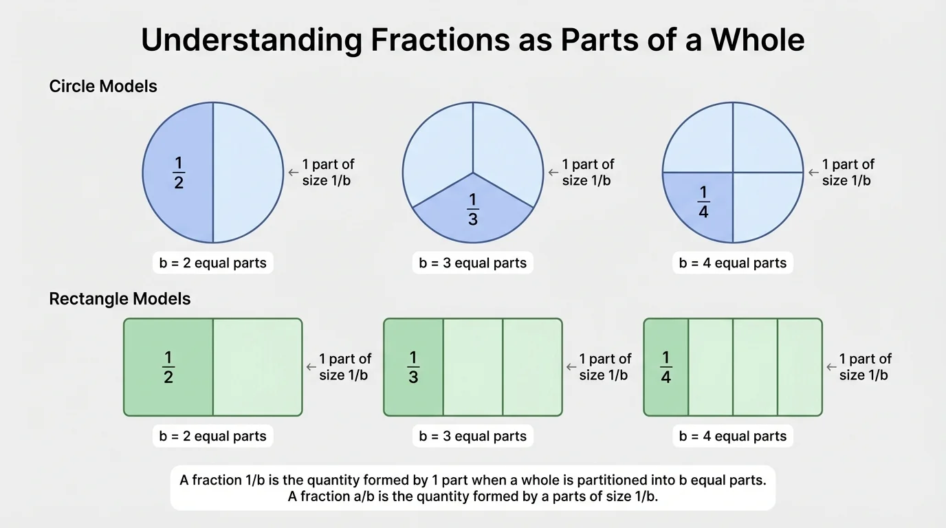 Circle and rectangle models divided into 2, 3, and 4 equal parts with one part shaded in each