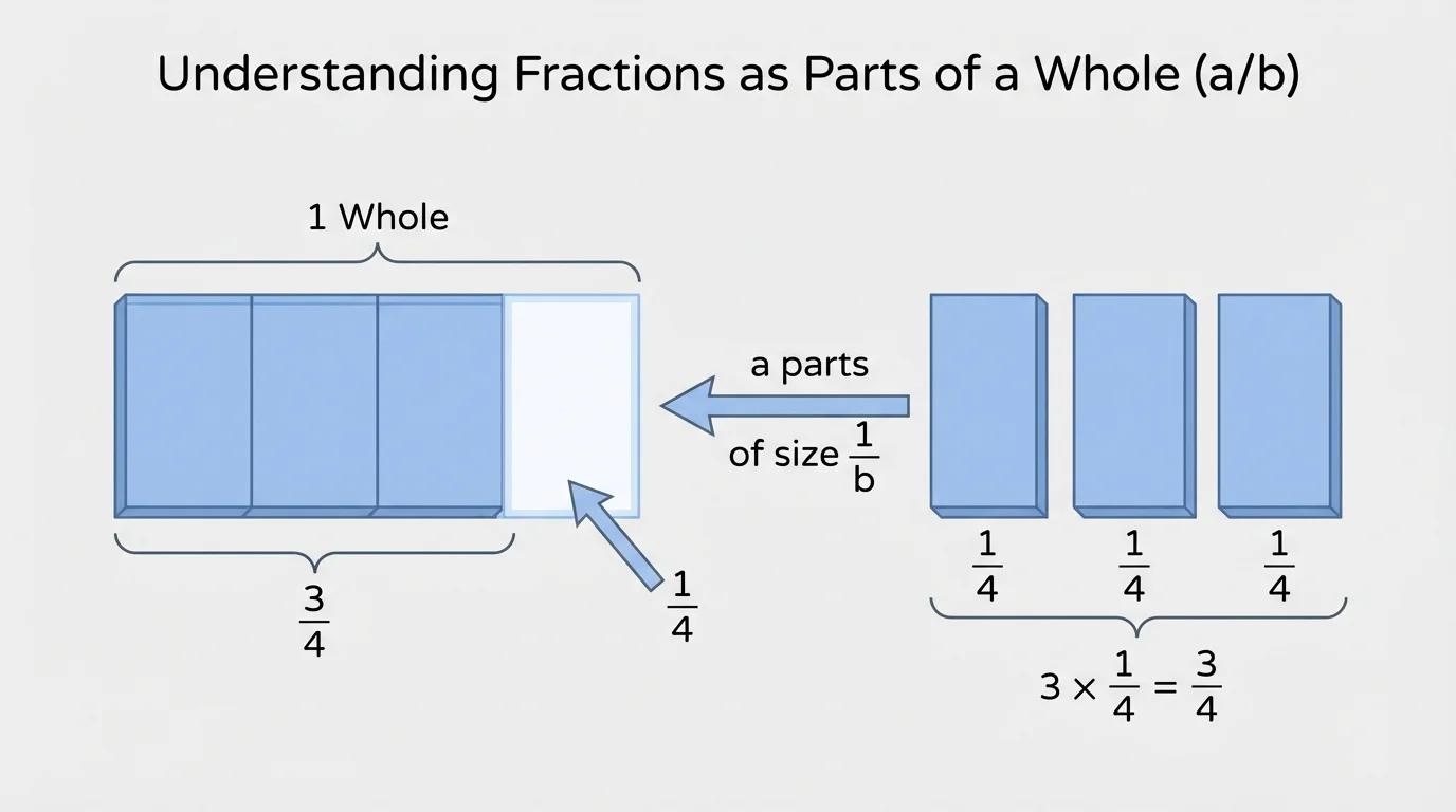 Bar model split into 4 equal parts with 3 shaded, alongside three separate quarter pieces grouped together