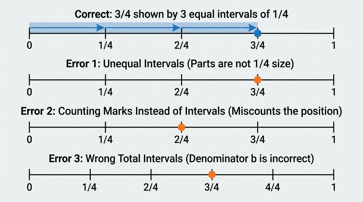 Side-by-side number lines showing a correct fraction placement and two common errors with unequal parts and counting marks instead of spaces