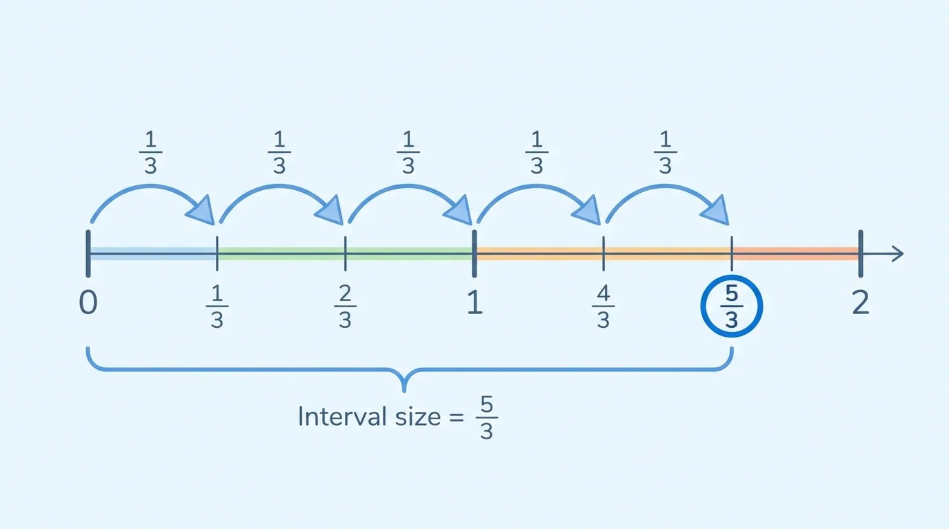 Number line from 0 to 2 divided into thirds with 5/3 marked after five jumps of size 1/3