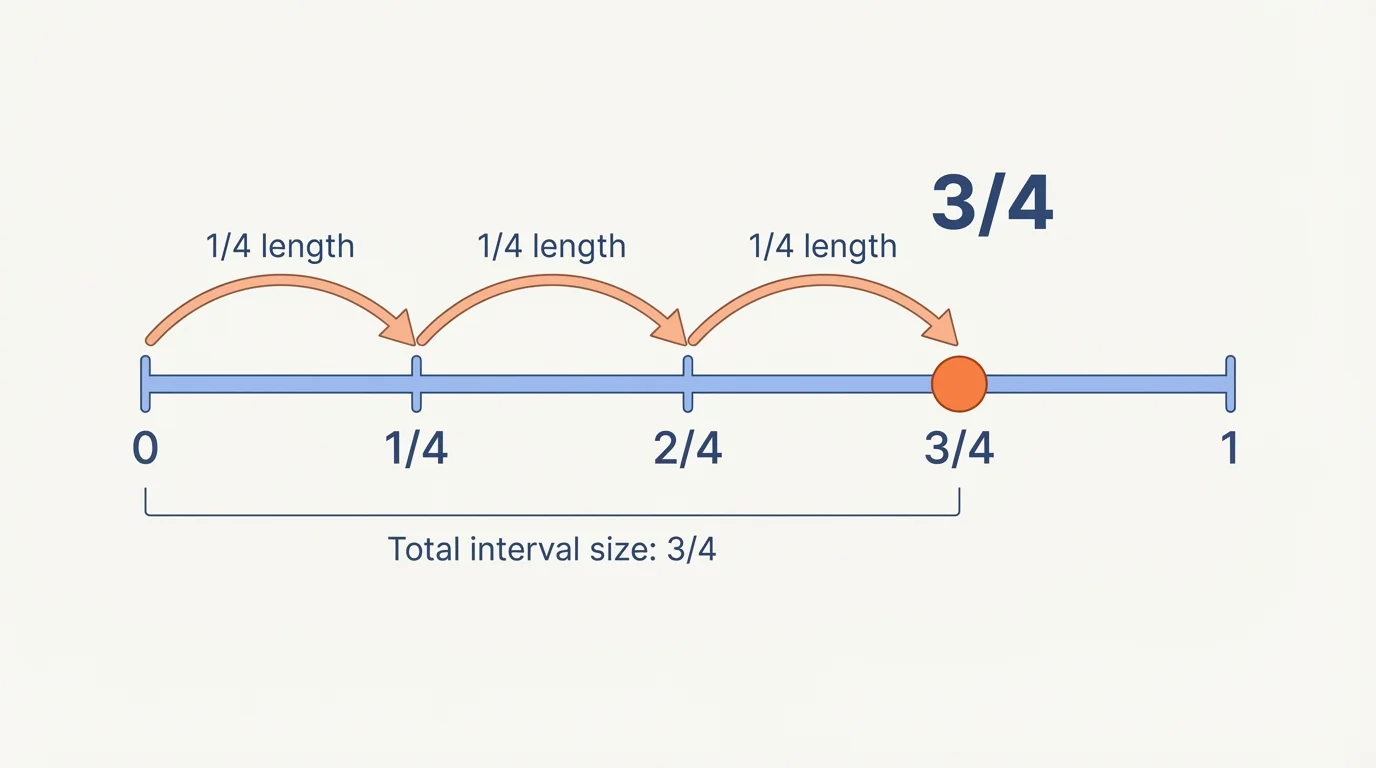 Number line from 0 to 1 divided into 4 equal parts with the point at 3/4 highlighted