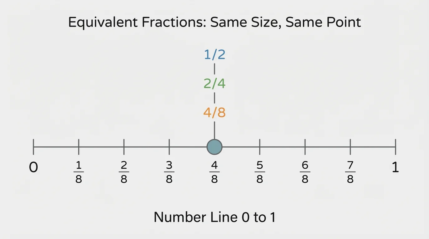 Number line from 0 to 1 with tick marks for halves, fourths, and eighths; highlight 1/2, 2/4, and 4/8 at the same point