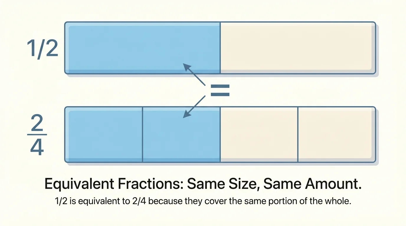 Two equal rectangles, one split into 2 equal parts with 1 shaded and one split into 4 equal parts with 2 shaded to show the same amount