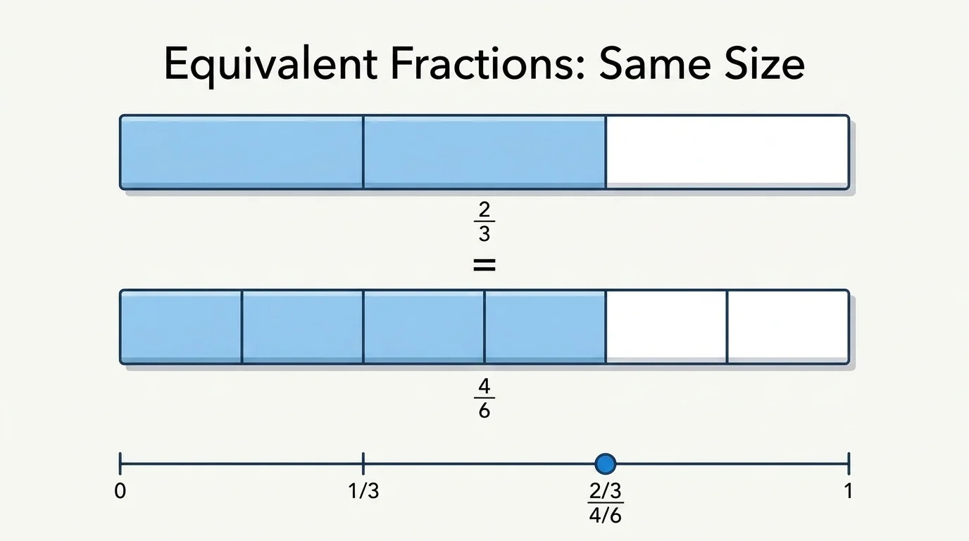 Rectangle showing 2 of 3 equal parts shaded, then the same rectangle with each third split into 2 equal pieces so 4 of 6 are shaded