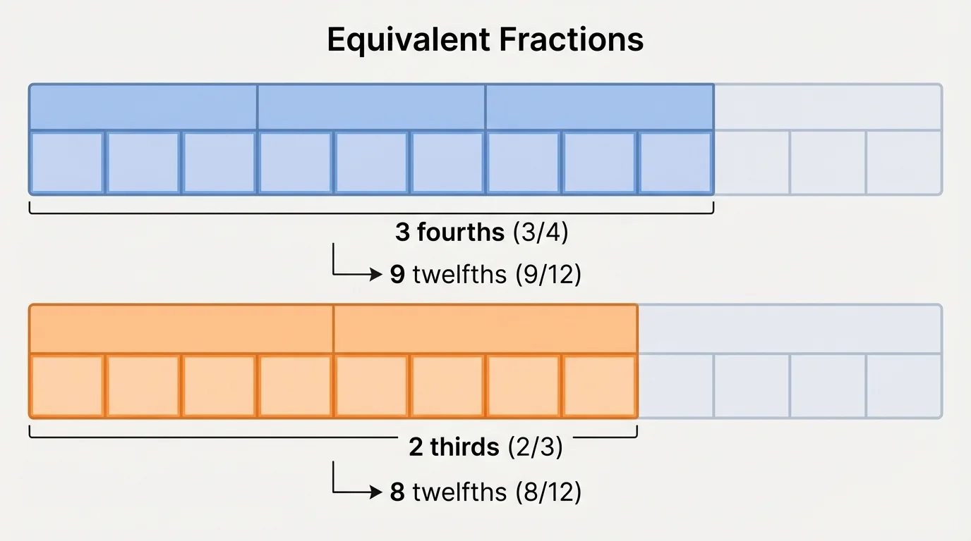 Two fraction bars of equal length, one showing 3 fourths renamed as 9 twelfths and one showing 2 thirds renamed as 8 twelfths