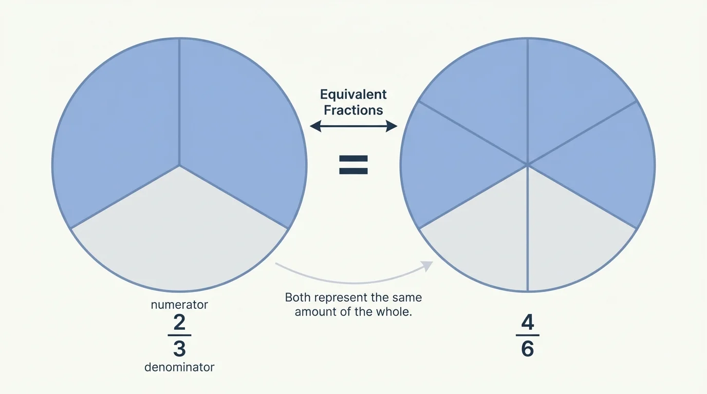 Two equal circles, one divided into 3 equal parts with 2 shaded and one divided into 6 equal parts with 4 shaded