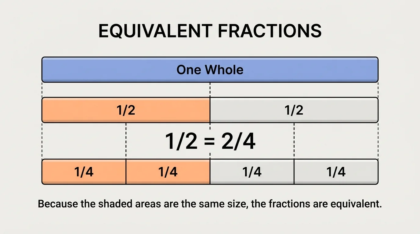 Fraction bars of one whole, one split into 2 equal parts with 1 shaded, and one split into 4 equal parts with 2 shaded, aligned to same length