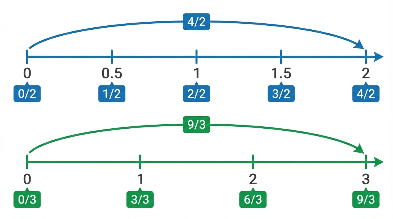 number line from 0 to 3 with equal partitions, showing fractions four halves at 2 and nine thirds at 3 landing exactly on whole numbers