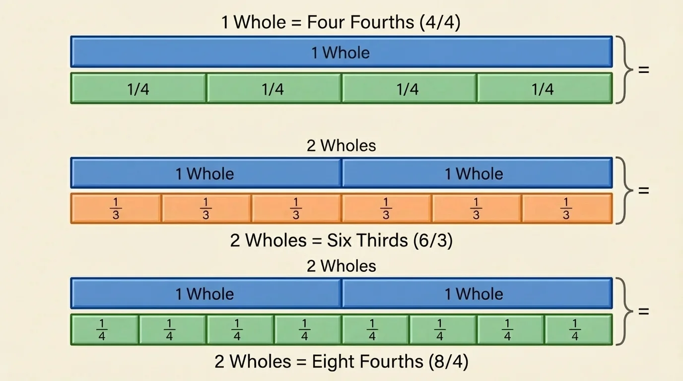 fraction strips comparing one whole with four fourths, two wholes with six thirds, and two wholes with eight fourths