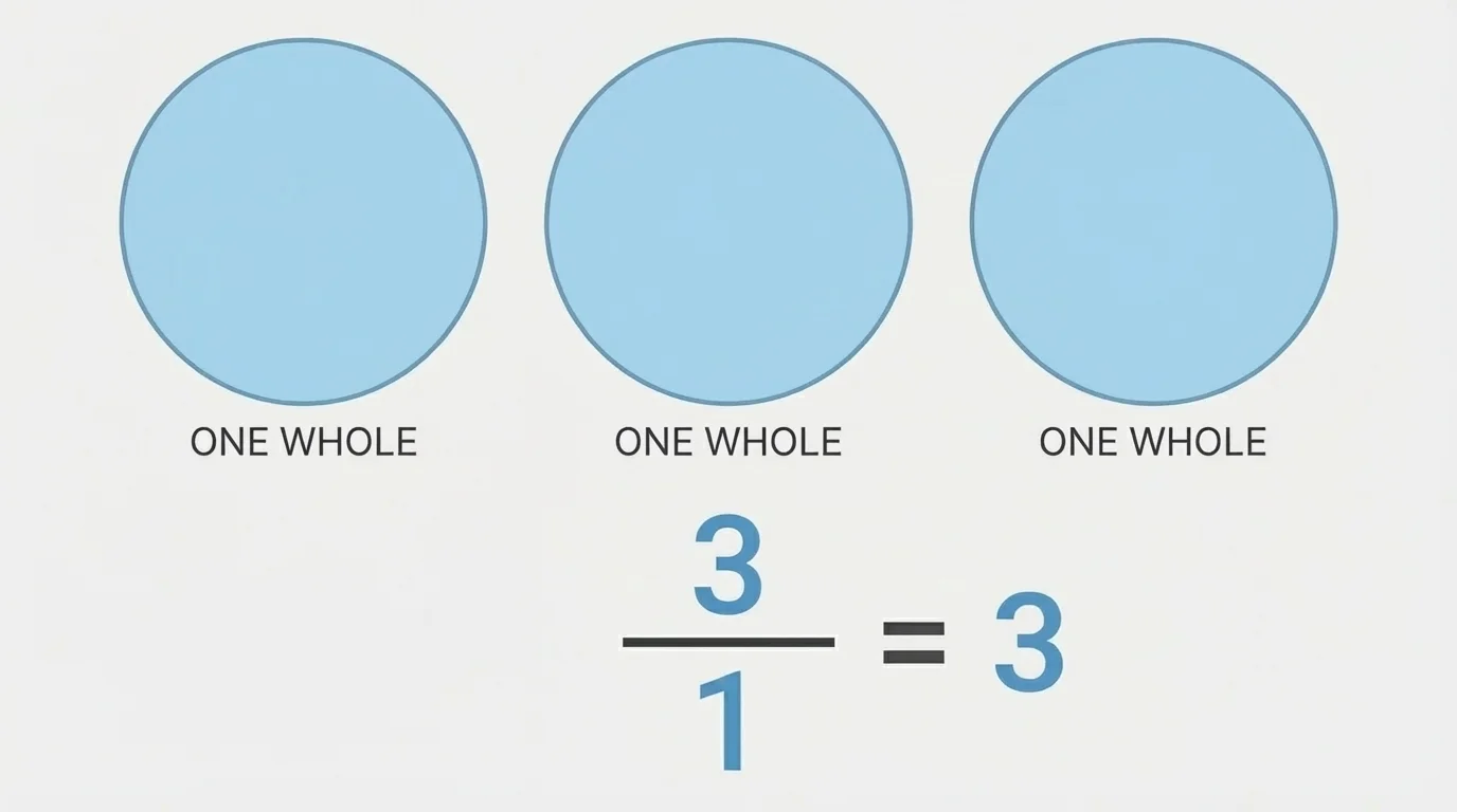 three identical whole circles, each labeled one whole, with a matching fraction bar representation showing three over one to illustrate that 3 equals 3 over 1