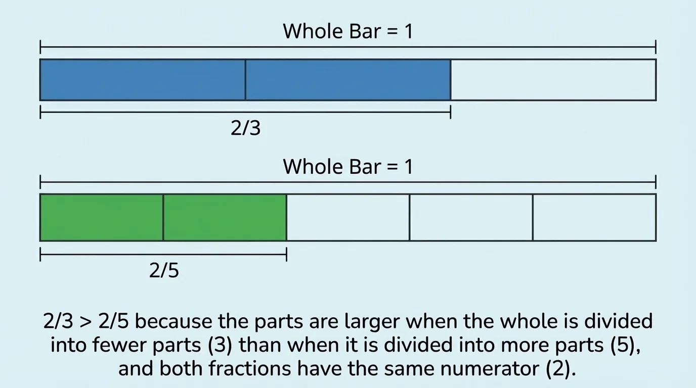Two same-size bars, one divided into 3 equal parts with 2 shaded and one divided into 5 equal parts with 2 shaded