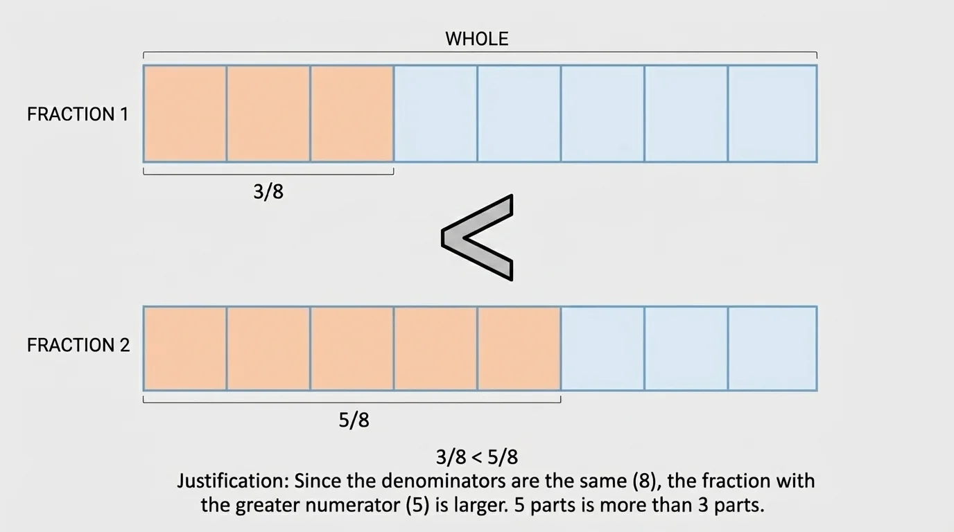 Two same-size fraction bars divided into 8 equal parts, one with 3 shaded and one with 5 shaded