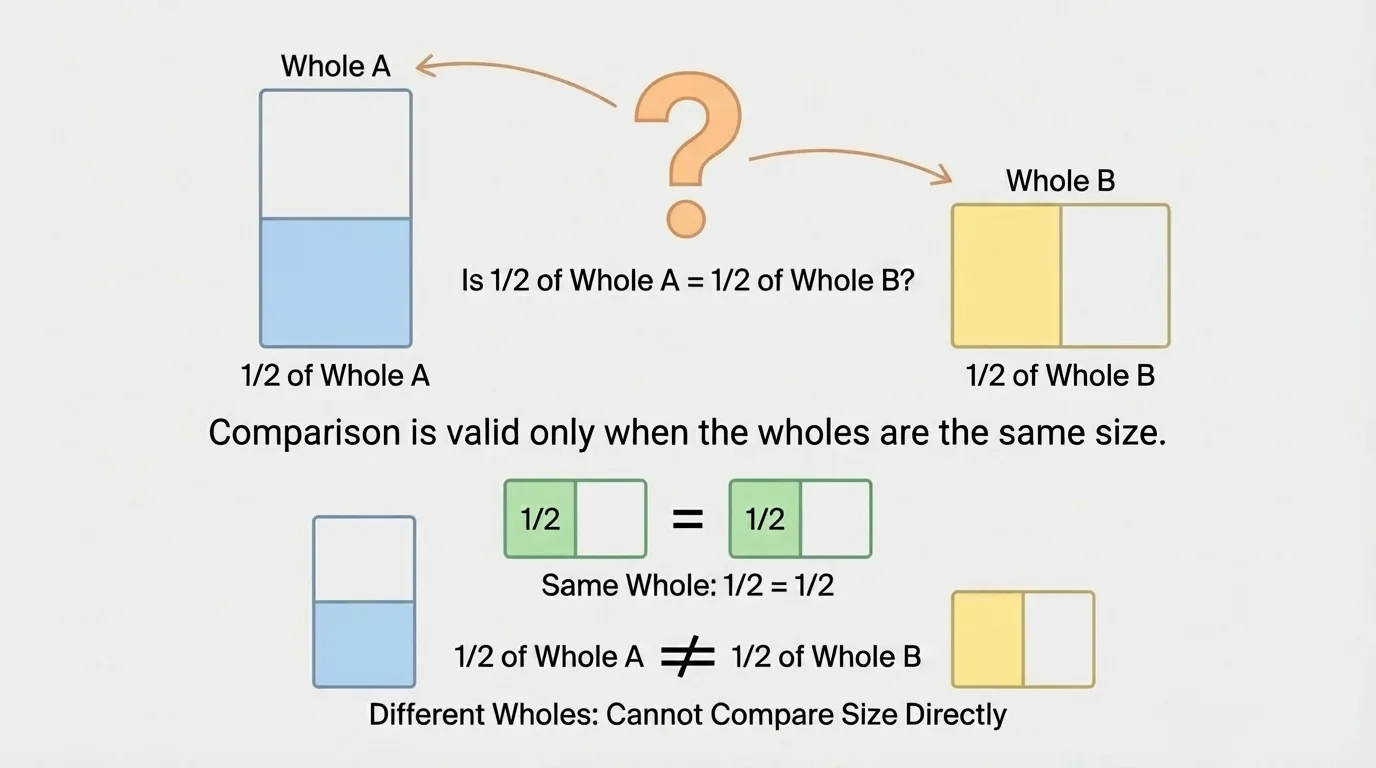 Two rectangles of different sizes, each split into 2 equal parts with 1 part shaded to show one-half of different wholes