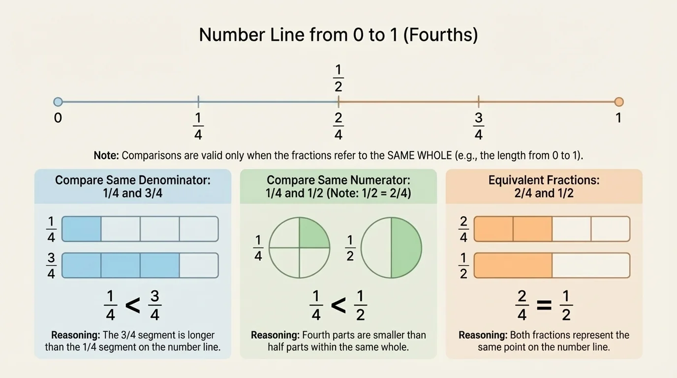 Number line from 0 to 1 marked in fourths with points at one-fourth, two-fourths, and three-fourths
