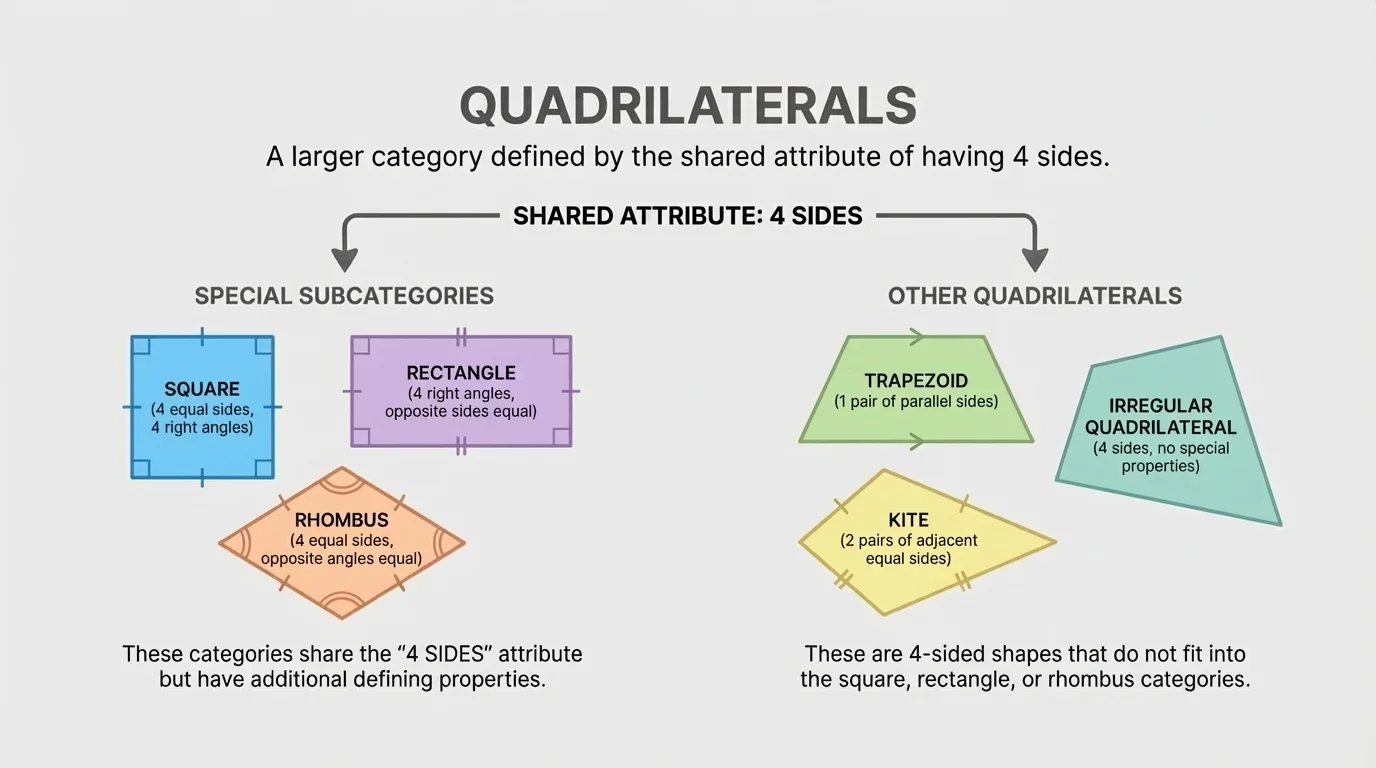several quadrilaterals such as a trapezoid, a slanted irregular quadrilateral, and a kite-like quadrilateral, each shown as 4-sided but not special subcategories