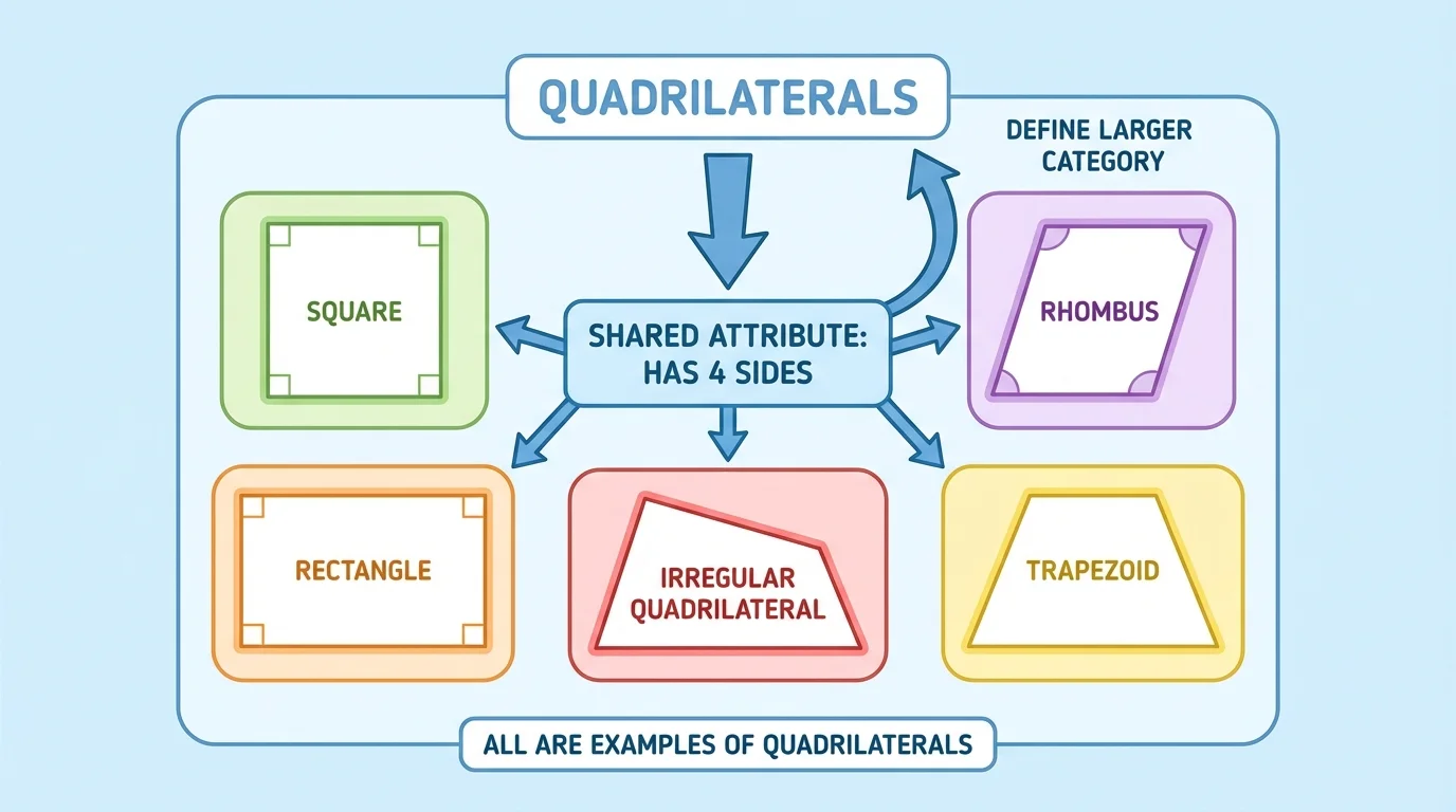 collection of four-sided shapes including square, rectangle, rhombus, trapezoid, and irregular quadrilateral with 4 sides highlighted