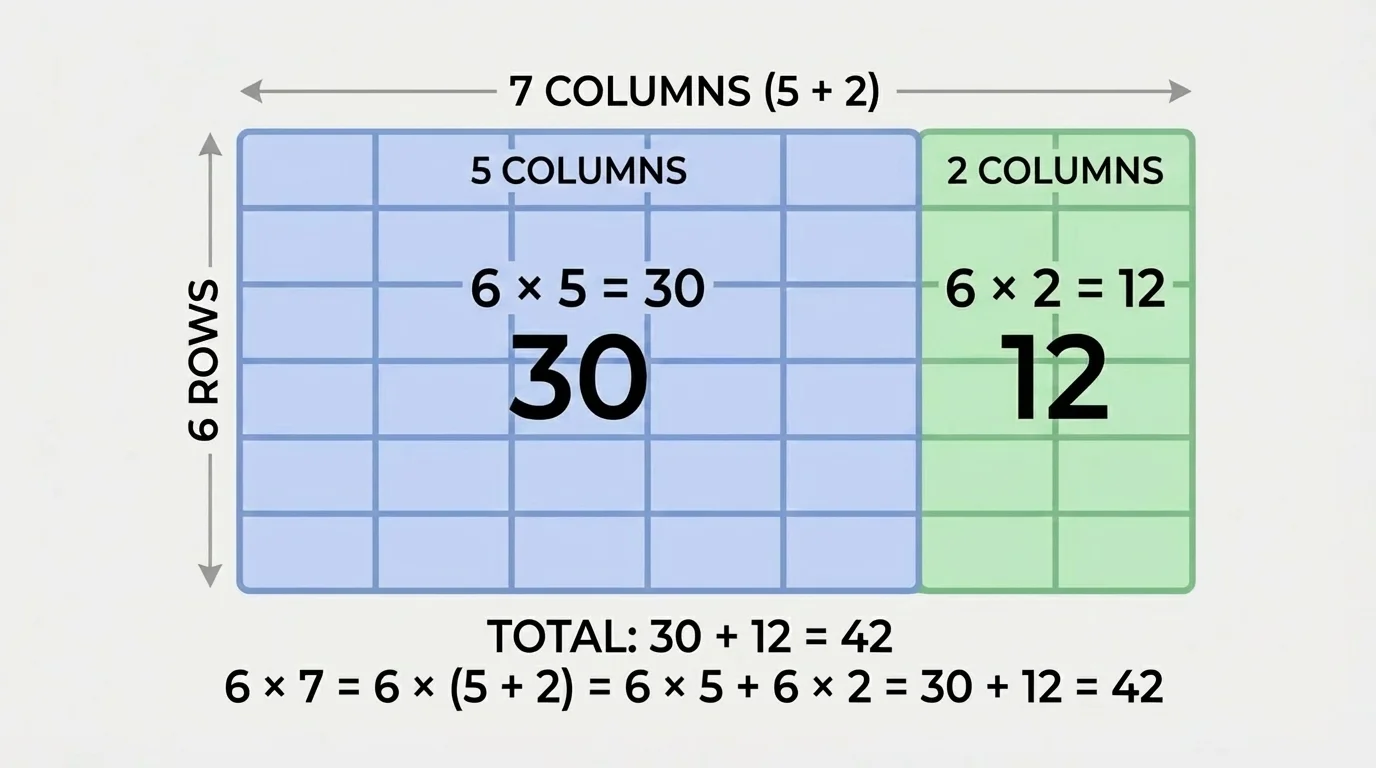 rectangle split into two parts labeled 5 columns and 2 columns, with 6 rows, showing totals 30 and 12 combining to 42