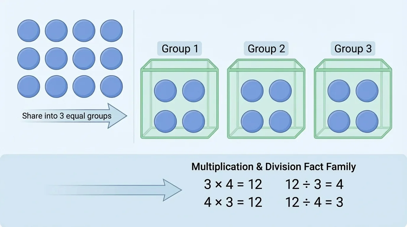 12 counters shared into 3 equal groups, each group showing 4, with matching multiplication and division fact family