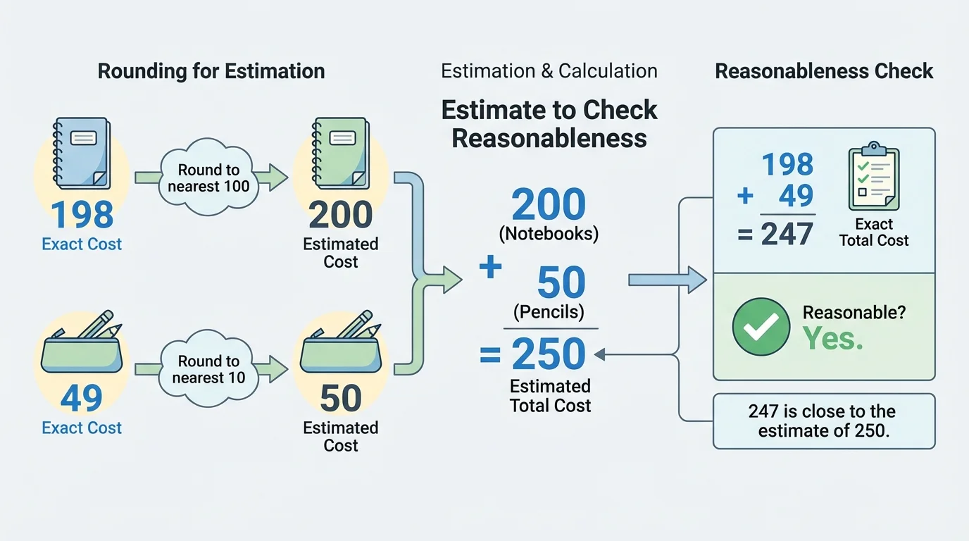 Diagram showing exact numbers 198 and 49 rounding to 200 and 50, then using the estimate to check a school supply calculation