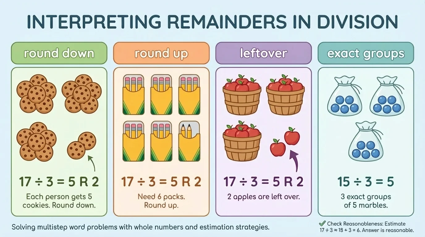 Chart with four boxes labeled round down, round up, leftover, and exact groups, each with simple pictures of objects divided into groups
