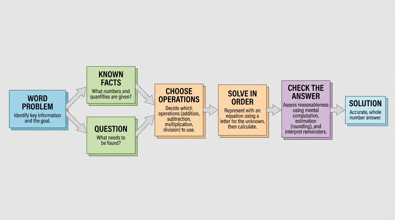 Flowchart showing a word problem split into boxes labeled known facts, question, choose operations, solve in order, and check the answer