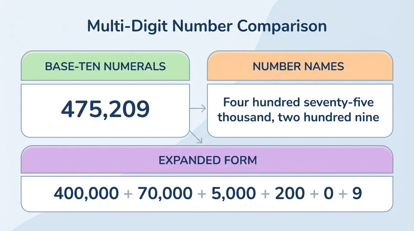 Comparison chart showing one multi-digit whole number written in base-ten numerals, number words, and expanded form