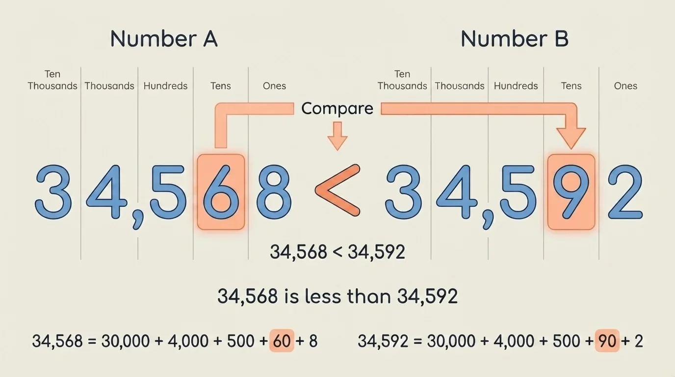 Two multi-digit numbers aligned by place value with the first different digit highlighted to show which number is greater