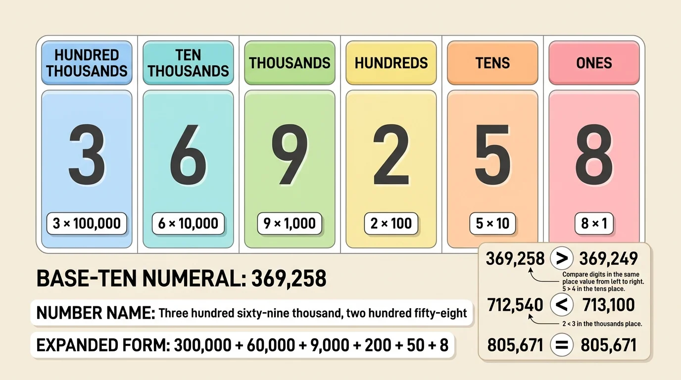 Place value chart showing a six-digit number with digits labeled ones, tens, hundreds, thousands, ten thousands, and hundred thousands