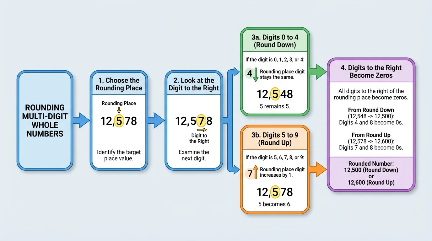 flowchart showing choose the rounding place, look at the digit to the right, digits 0 to 4 round down, digits 5 to 9 round up, and digits to the right become zeros