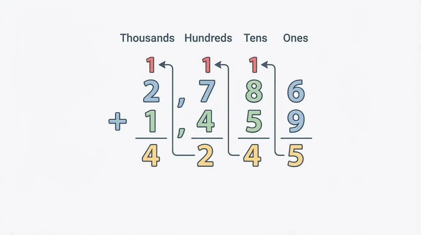 stacked addition of 2,786 and 1,459 with regrouped digits above the tens and hundreds columns and arrows showing carrying to the next place