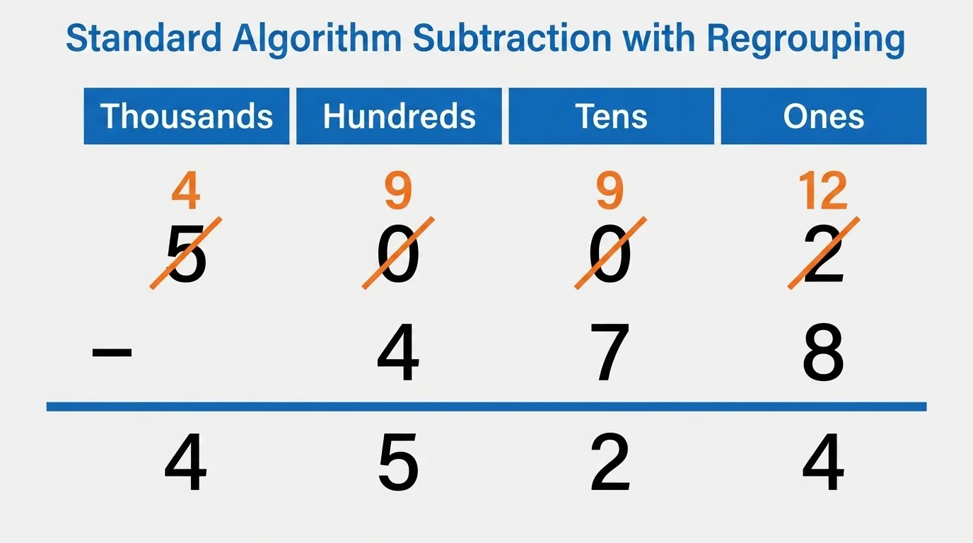 subtraction setup for 5,002 minus 478 showing regrouping moving from the thousands place through the hundreds and tens places to the ones place