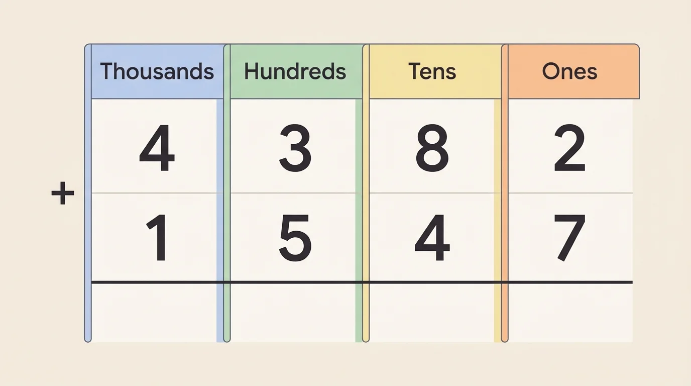 place value chart with the numbers 4,382 and 1,547 aligned in columns labeled thousands, hundreds, tens, and ones