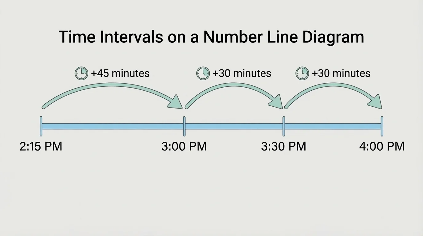 number line diagram labeled 2:15, 3:00, 3:30, and 4:00 with jumps of 45 minutes, 30 minutes, and 30 minutes
