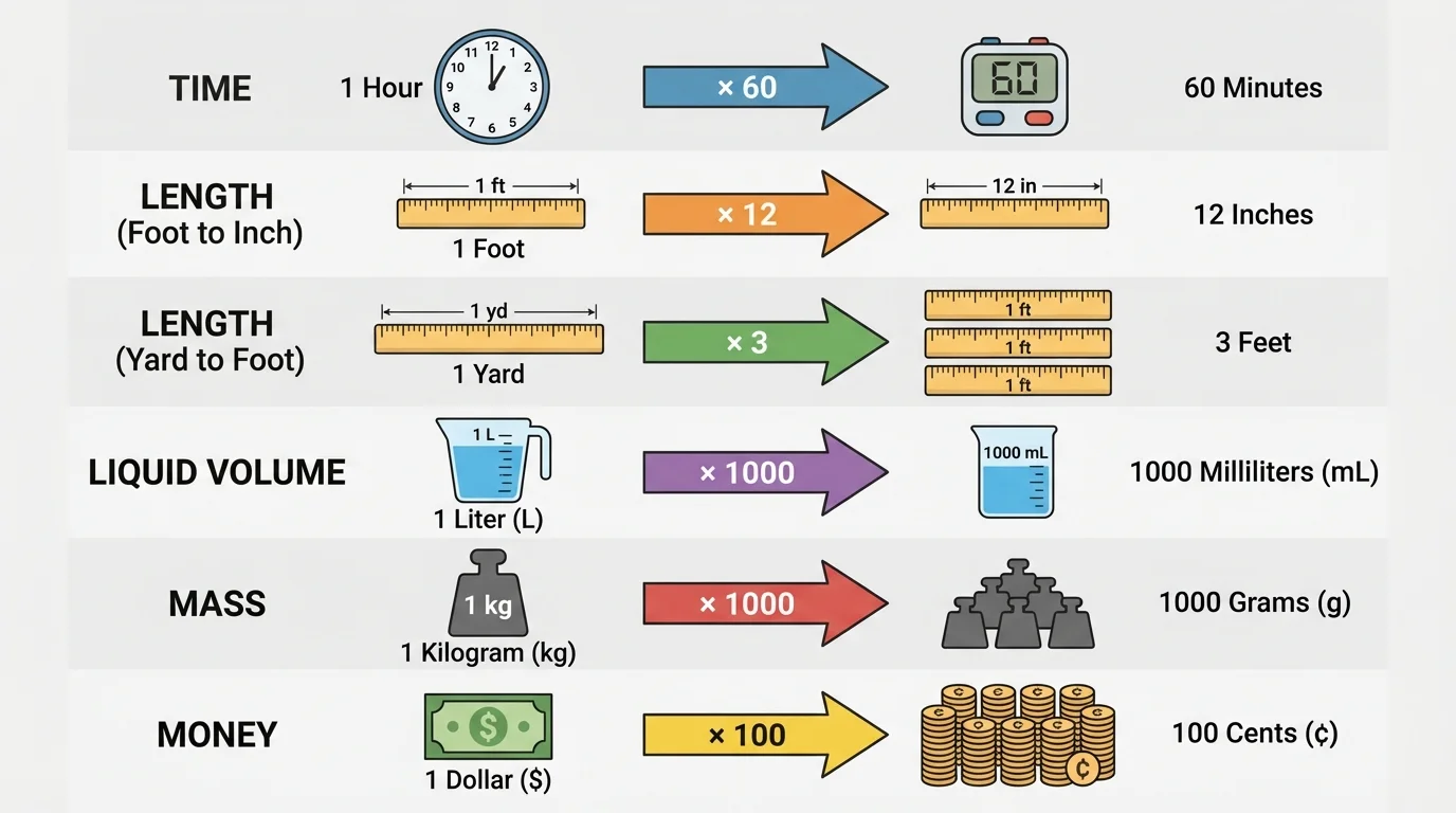 chart-style diagram showing hour to minute, foot to inch, yard to foot, liter to milliliter, kilogram to gram, and dollar to cent with arrows from larger unit to smaller unit