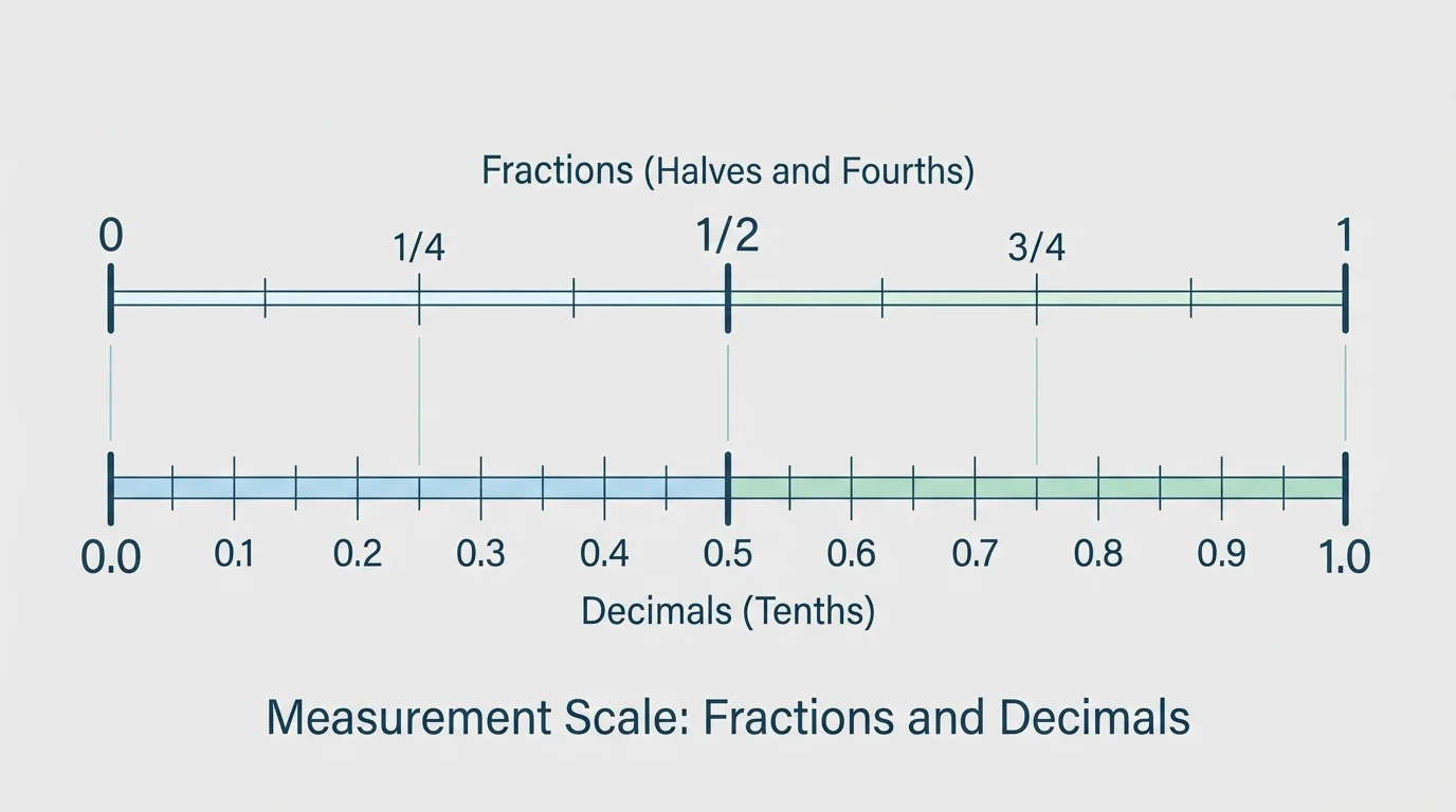 measurement scale with one whole unit divided into halves and fourths on the top line and into tenths on the bottom line, showing matching fraction and decimal positions