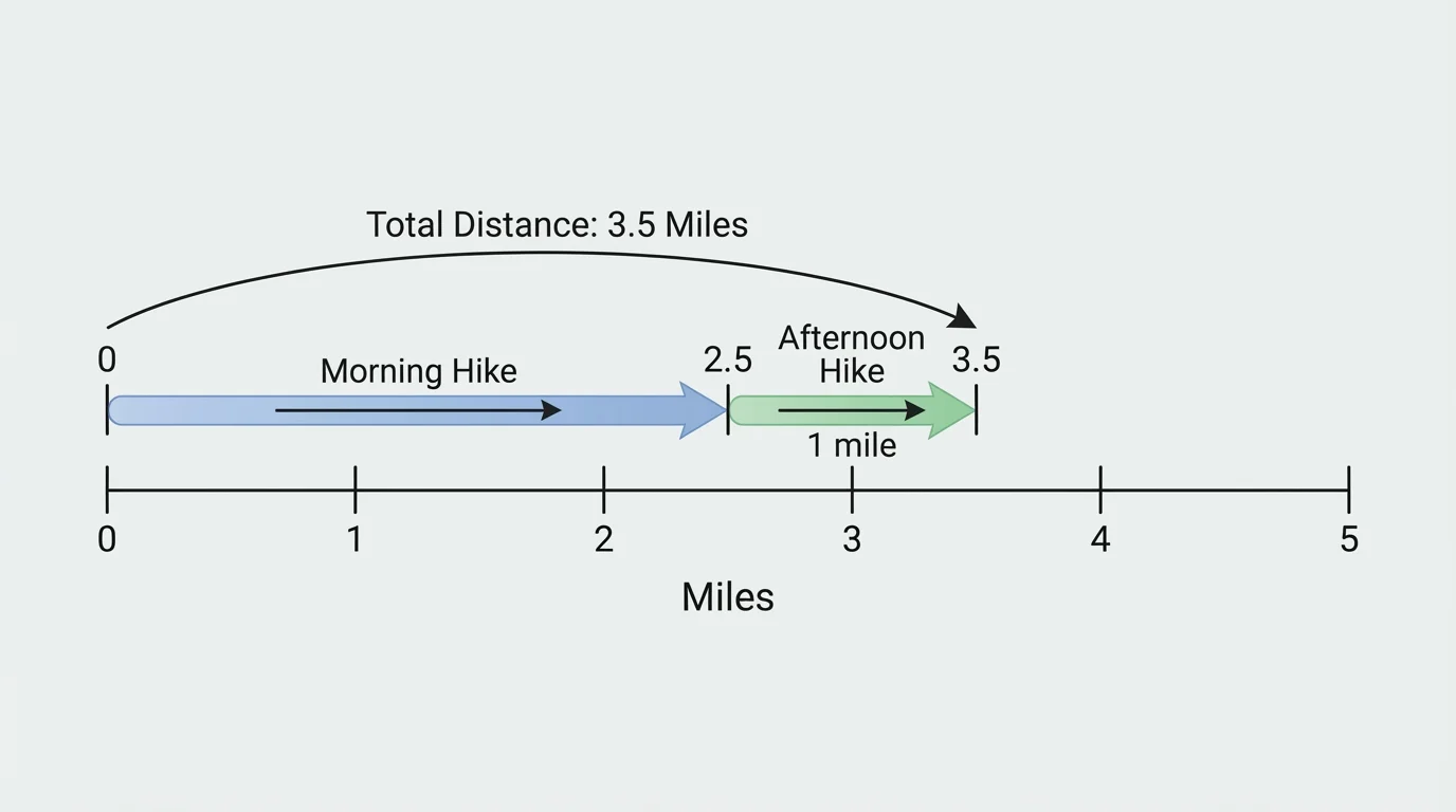 number line from 0 to 5 miles with a point at 2.5 miles for the morning hike, a smaller 1-mile segment for the afternoon hike, and a total endpoint at 3.5 miles