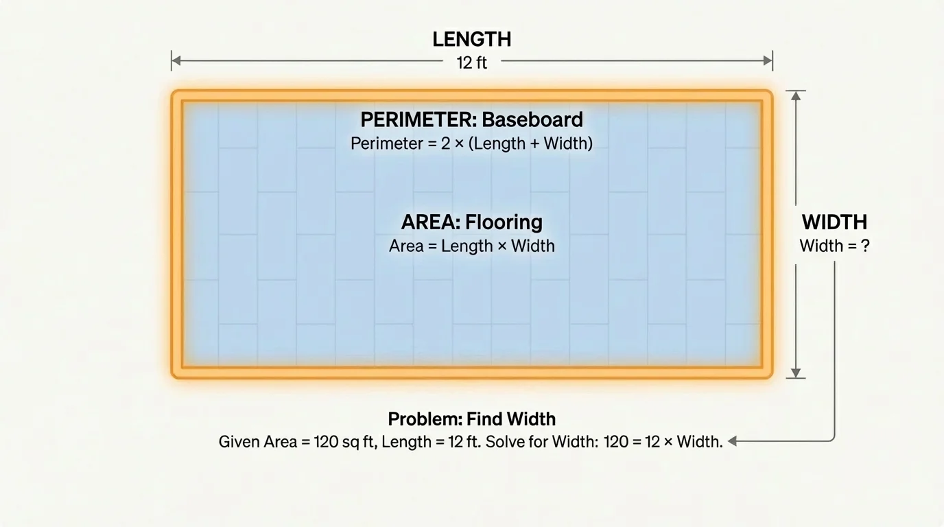 rectangle with shaded interior for area and highlighted border for perimeter, length and width labeled