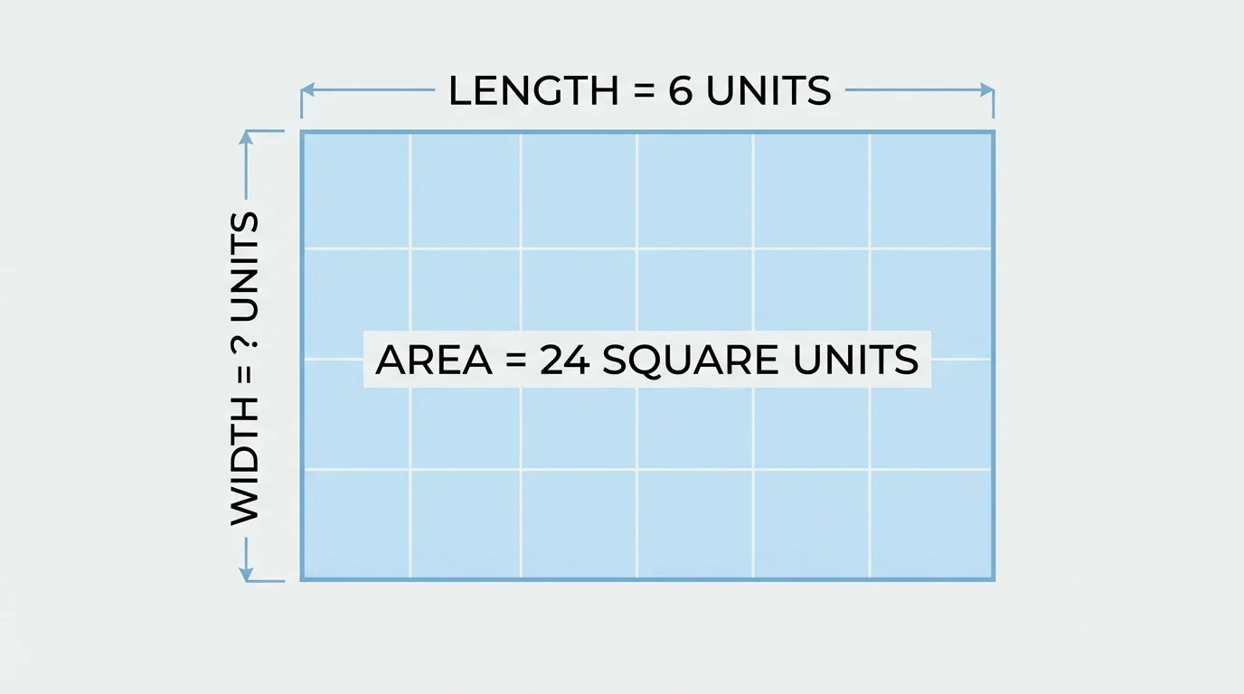 rectangle labeled area 24 square units, length 6 units, width marked with a question mark, arranged as 4 rows of 6
