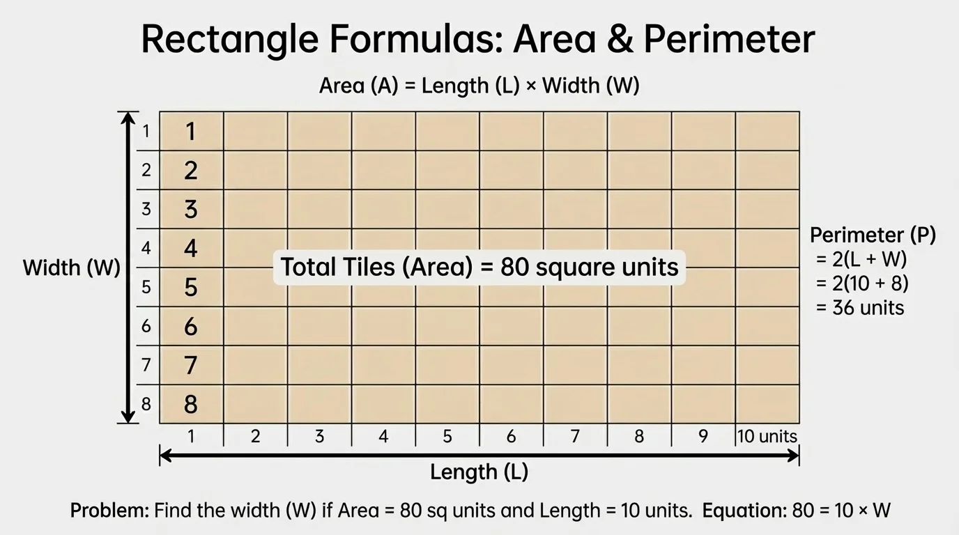rectangular floor made of equal square tiles, rows and columns counted, length and width labeled