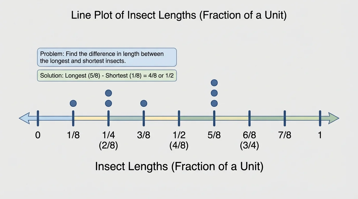 number line from 0 to 1 showing eighths, with 1/2, 1/4, 2/4, and 4/8 labeled to compare positions
